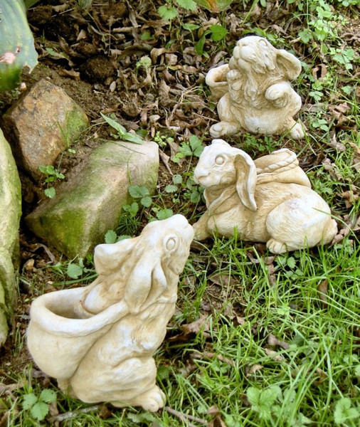 Stone Rabbit Statues - Bunny Rabbits Set can be Planters outdoors
